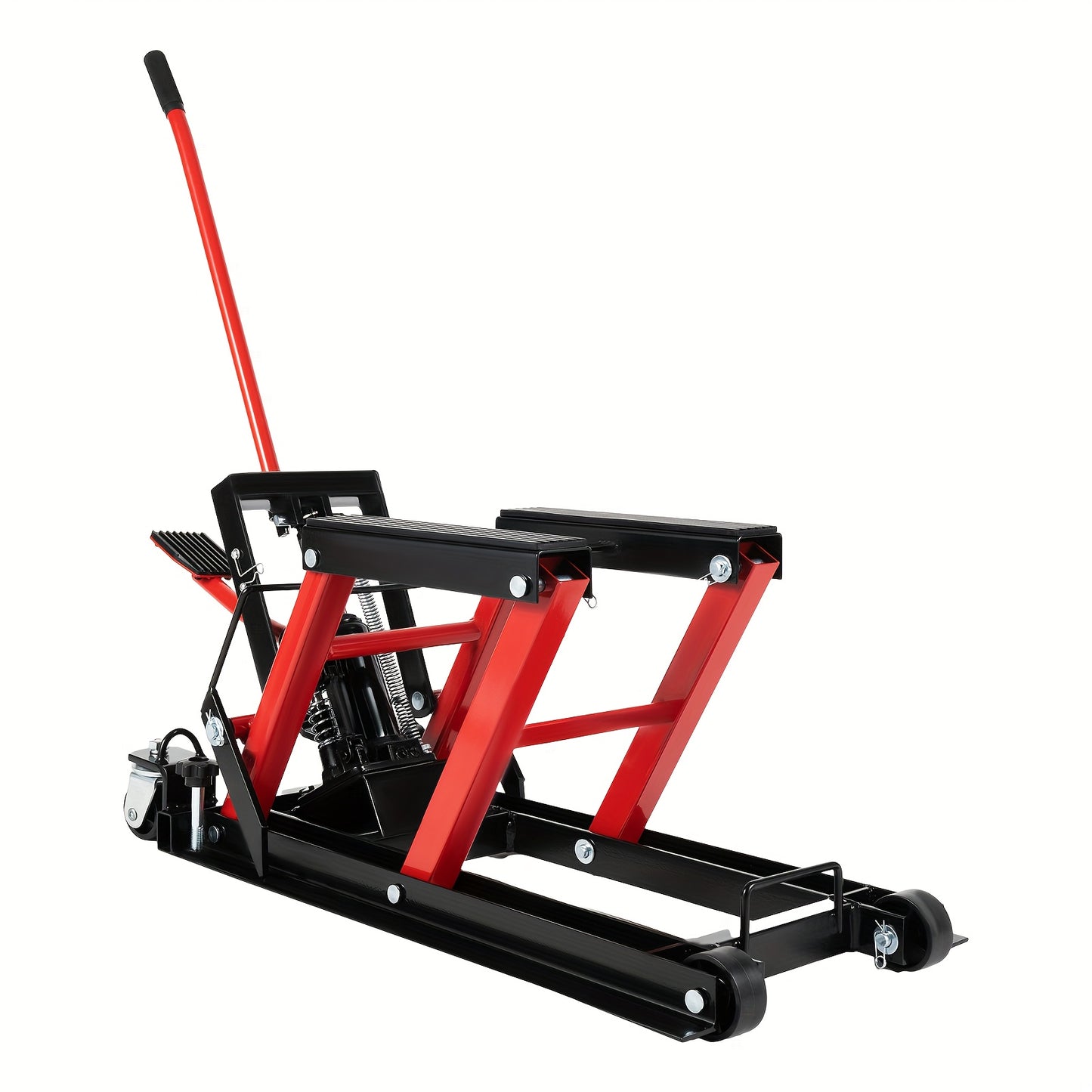 Motorfietsbrug – Motorlift – Hydraulische Motorbrug – Motorkrik – Werkplaatsbrug – 680 kg Belastbaar – Robuust Koolstofstaal Frame – Rood – Verstelbare Hefhoogte – 4 Zwenkwielen