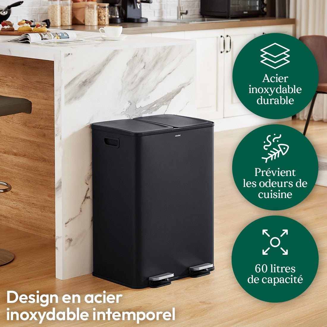 Prullenbak Keukenafvalbak Afvalemmer Vuilnisbak Afvalcontainer – Zwart – RVS Geborsteld – 2x30L Compartimenten – Stil Pedaal – Anti-Geurtjes & Vingerafdrukvrij