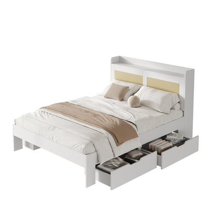 Bedkasten – Opbergbed – Tweepersoonsbed – Massief Houten Bed – Opbergladen – 140x200 cm – Rattan Decoratie – Ruime Opberglades