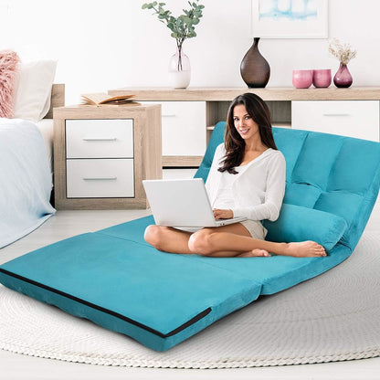 Verstelbare Vloerbank – Slaapbank – Lounger – Gamestoel – Relaxstoel – 6-Posities Rugleuning – Zachte Suède Bekleding – Inclusief 2 Kussens – Blauw – 71 x 44,5 Inch