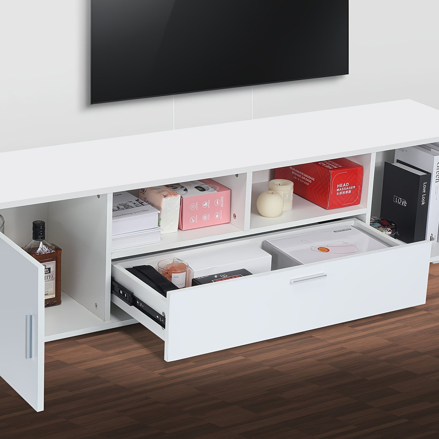 63-Inch TV Cabinet with Tempered Glass Shelf And Multi-Color Lighting, Fits Up to 70-Inch TVs