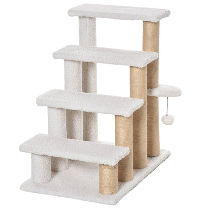 Huisdierentrap – Dierentrap – Hondentrap – Kattentrap – Huisdierenladder – Stevige MDF Trap – Met Pluche Bekleding en Sisal Krabpaal – 60x40x64 cm – Wit/Beige