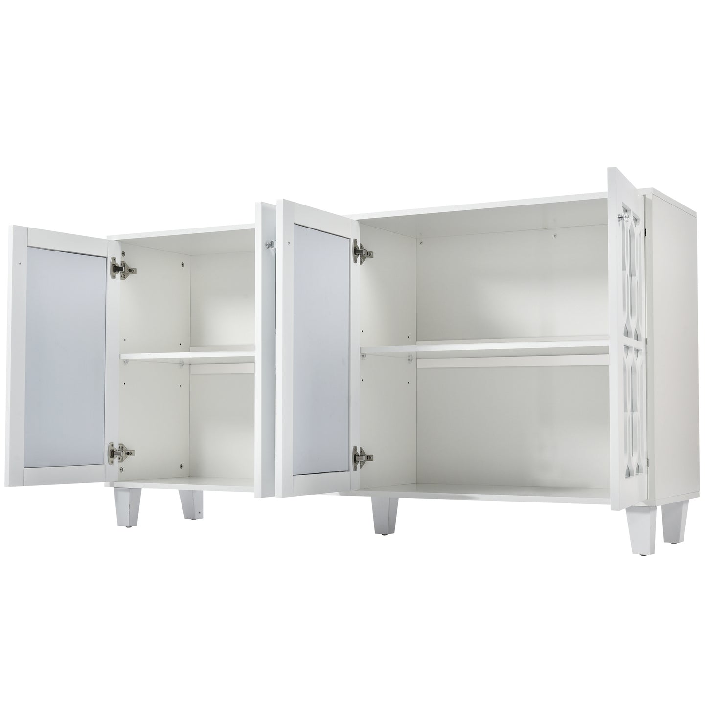 Sideboard – Dressoir – Kast – Opbergkast – Buffetkast – Wit Met Spiegeldeuren – Kristallen Handgrepen – 160x40x84 Cm – Verstelbare Binnenplank