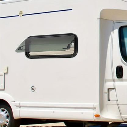 Caravanraam – Camperraam – Uitzetraam – Schuifraam – Zijraam – Aluminium Frame – Zwart Gehard Glas – 85° Verstelbaar – Ventilatieraam 70x30 cm