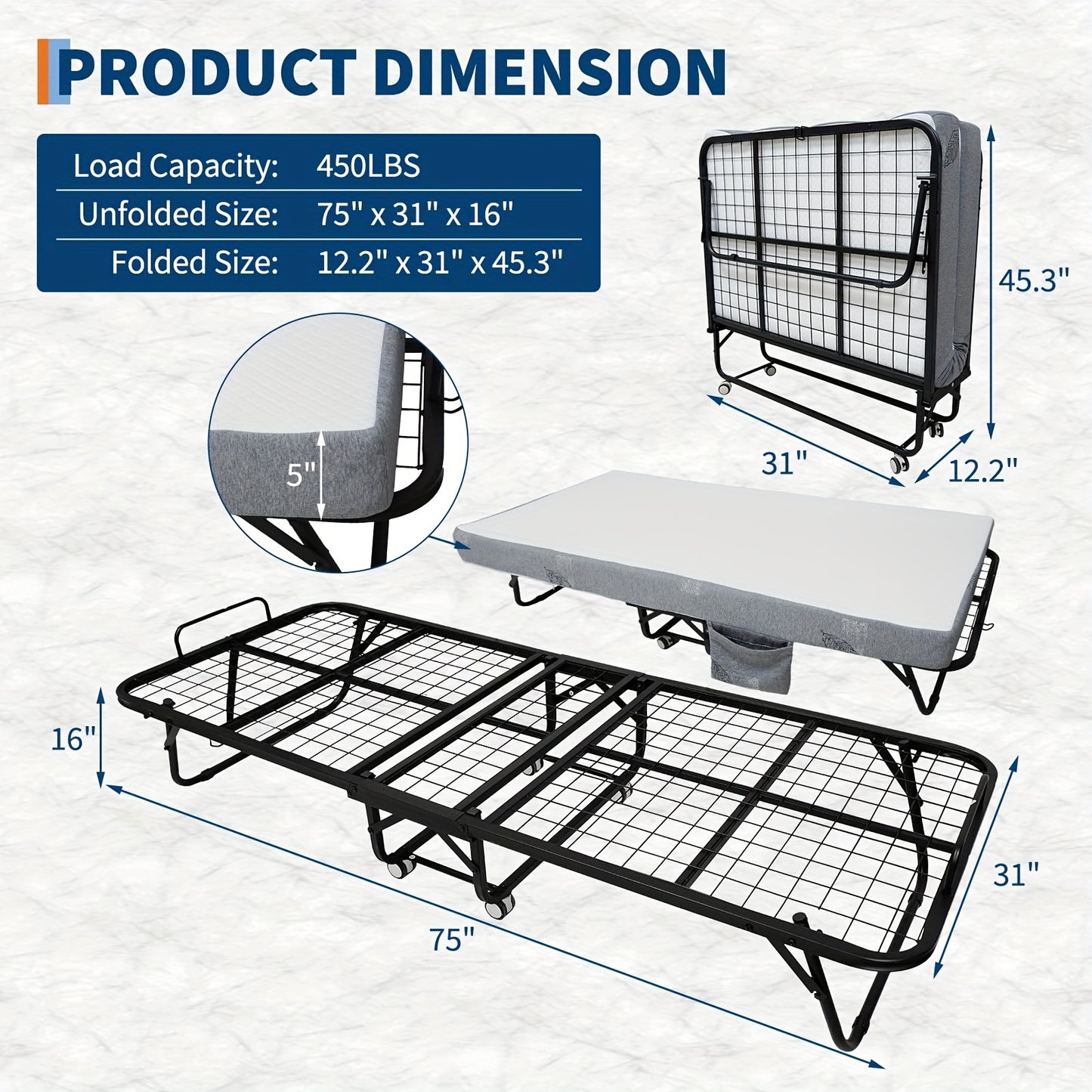 Vouwbed – Opklapbed – Logeerbed – Plooibed – Inklapbed – Stevig Metalen Frame – 12,7 cm Traagschuim Matras – Max Draagkracht 204 kg