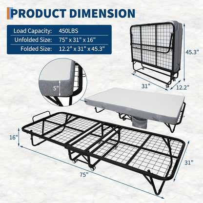 Vouwbed – Opklapbed – Logeerbed – Plooibed – Inklapbed – Stevig Metalen Frame – 12,7 cm Traagschuim Matras – Max Draagkracht 204 kg