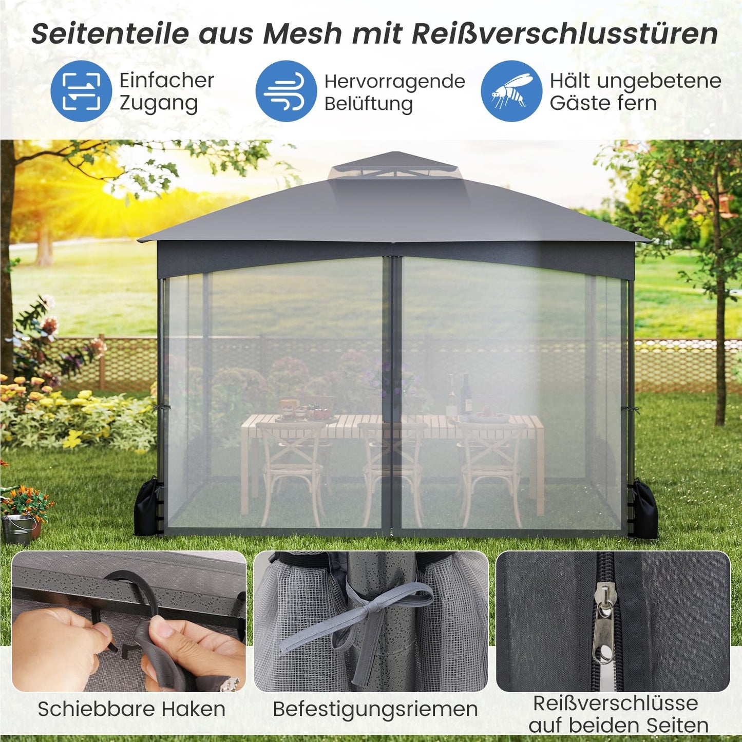Tuinpaviljoen – Partytent – Tuintent – Prieel – Pergola – 3 x 3,6 m – Waterdicht Dubbel Dak – Inclusief Muggennetten & Zandzakken – Grijs