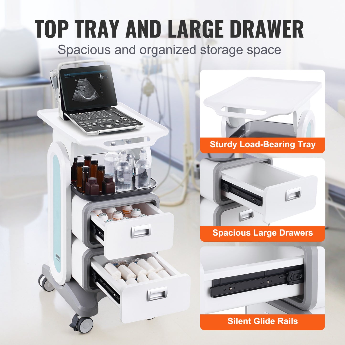 Medische Trolley – Verrijdbare Wagen – Lab Trolley – Behandelwagen – Opbergwagen – 3 Niveaus Met 2 Laden – Hoogwaardig ABS Kunststof & Vergrendelbare Wielen