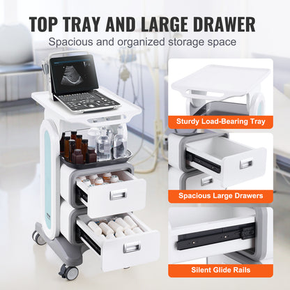 Medische Trolley – Verrijdbare Wagen – Lab Trolley – Behandelwagen – Opbergwagen – 3 Niveaus Met 2 Laden – Hoogwaardig ABS Kunststof & Vergrendelbare Wielen