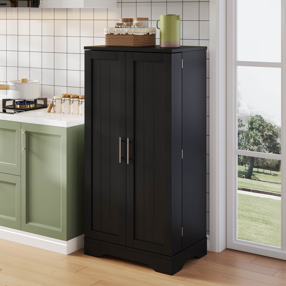 Large Modern Black Metal Freestanding Storage Cabinet with Double Doors & Adjustable Shelves - Heavy-Duty Floor-Standing Kitchen Pantry Cabinet with Door Racks, Spacious Organizer for Kitchen, Dining Room, Living Room - Easy