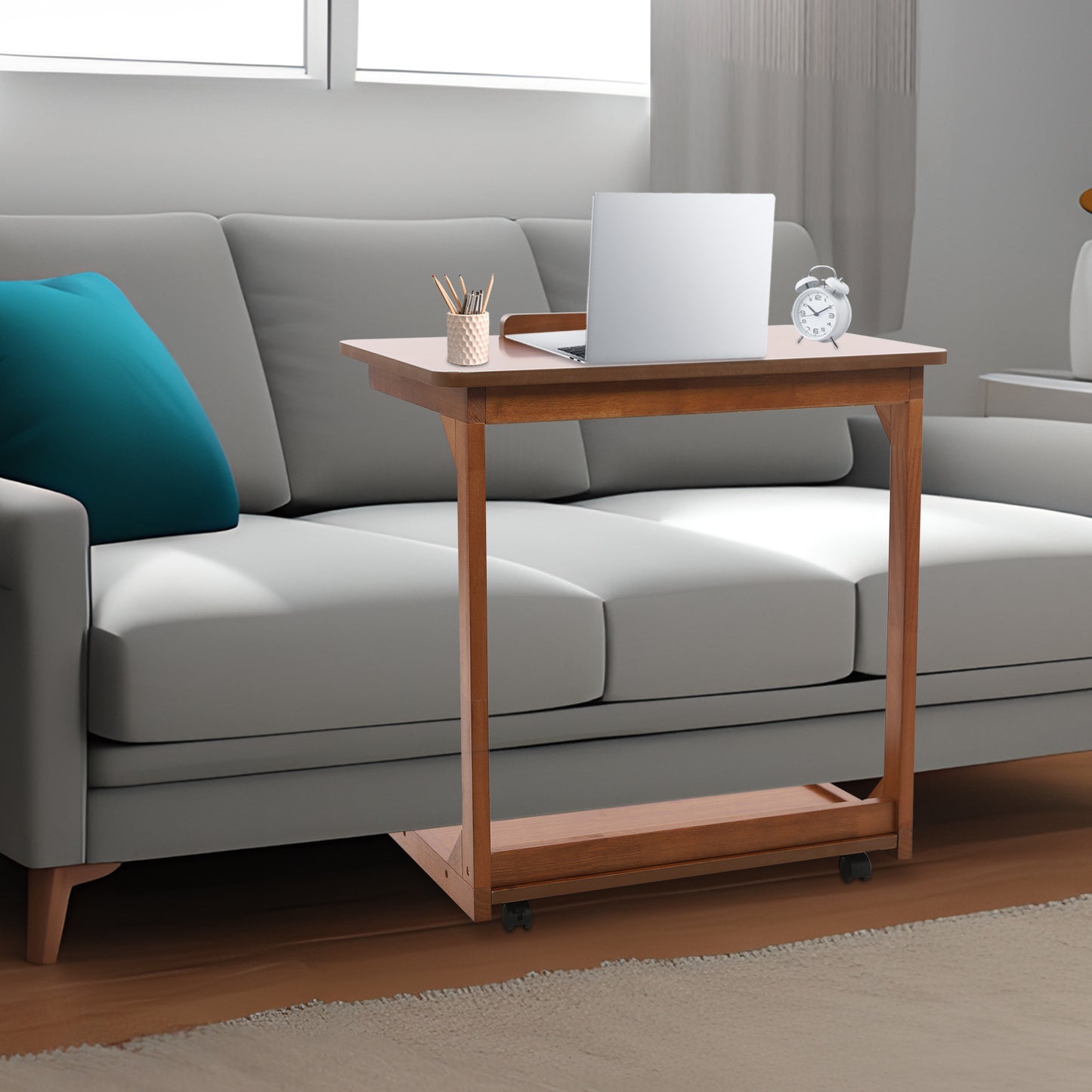 TOOL1SHOOO Multi-functional C-shaped Side Table, Featuring a 0-40° Adjustable Tilt Tabletop, Castors with Locking Wheels for Mobility, and a Double-tier Storage Shelf. Suitable for Living Rooms, Bedrooms, Offices, and Home U