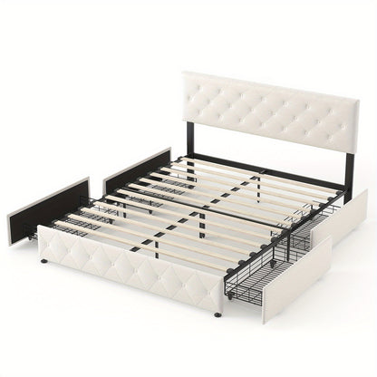 Bedframe – Bed – Tweepersoonsbed – Platformbed – Opbergbed – Met 4 Opbergladen – Gestoffeerd Hoofdbord – 160x200 cm – Beige Fluweel