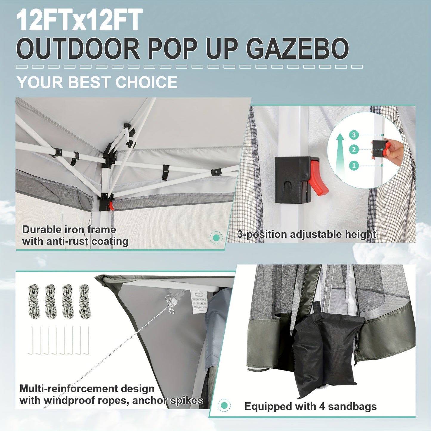 Partytent – Pop-up Tent – Camping Tent – Tuinkamer – Paviljoen – 3,66x3,66 m – Afneembare Muskietennetten – Dubbel Dakontwerp – Verstelbare Hoogte