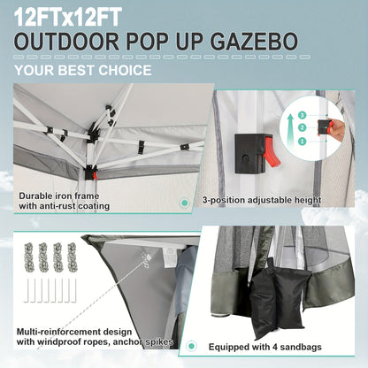 Partytent – Pop-up Tent – Camping Tent – Tuinkamer – Paviljoen – 3,66x3,66 m – Afneembare Muskietennetten – Dubbel Dakontwerp – Verstelbare Hoogte
