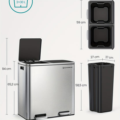 Dubbele Afvalbak – Recycling Bin – Vuilnisbak – Prullenbak – Twee Compartimenten – 2 x 30L – Metalen Pedaalbak – Soft Close Deksel – Inclusief 15 Vuilniszakken – Plastic Binnenemmers