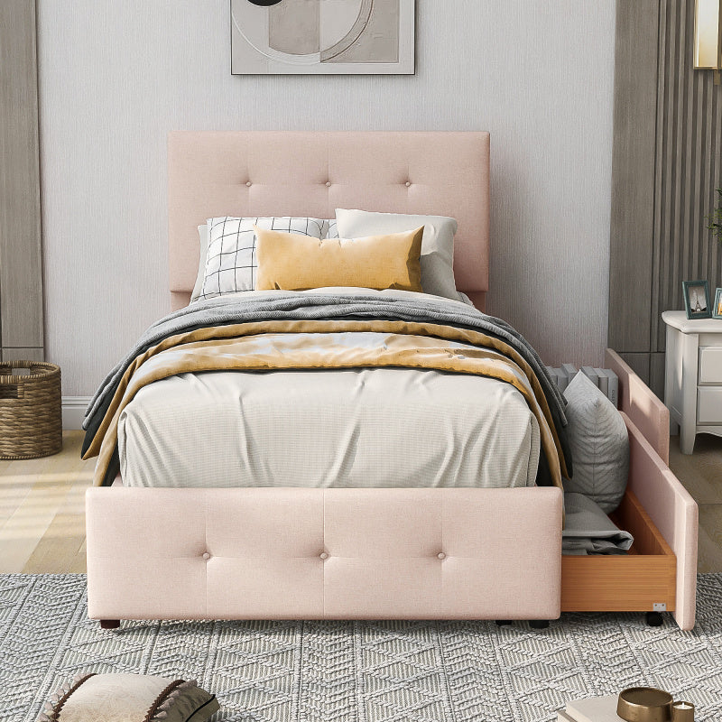 Bedbank – Slaapbank – Logeerbed – Eenpersoonsbed – Bedframe – Licht Beige Fluwelen Bekleding – Inclusief Lattenbodem en 2 Opberglades