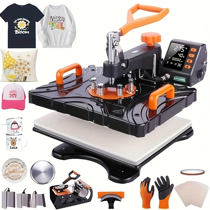 8-in-1 Digital Heat Press Machine Combo for T-Shirts, Caps & Mugs - 360° Swing Away Dual-Tube Heating, 30.48x38.1 cm Sublimation Area, Includes Accessories for DIY Projects, Black & Orange Design, Heat Press Transfer Designs