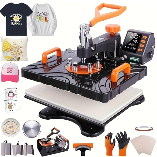8-in-1 Digital Heat Press Machine Combo for T-Shirts, Caps & Mugs - 360° Swing Away Dual-Tube Heating, 30.48x38.1 cm Sublimation Area, Includes Accessories for DIY Projects, Black & Orange Design, Heat Press Transfer Designs