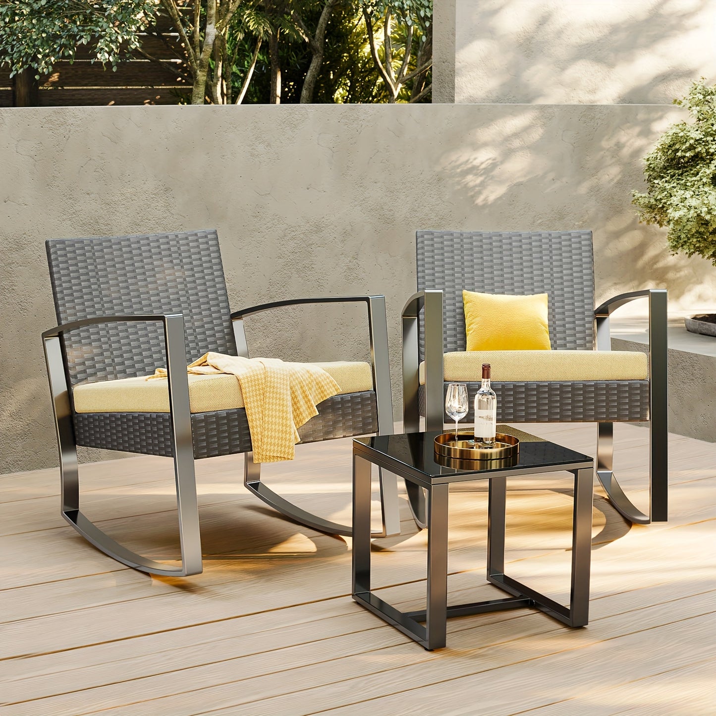 3-delige PE Rattan Tuinset – Lounge Set – Tuinmeubel – Buitenmeubel – Balkonmeubel – Weerbestendig Design – Met Gehard Glas Tafelblad – Grijs