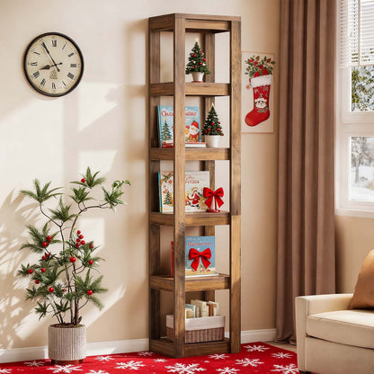 Boekenkast – Boekenrek – Opbergrek – Wandrek – Vakkenkast – 180 cm Hoog – Smal Hoekontwerp – Anti-Kantelbeveiliging – Rustiek Bruin E1 Spaanplaat – 6-Lagen Vrijstaand – Eenvoudige Montage