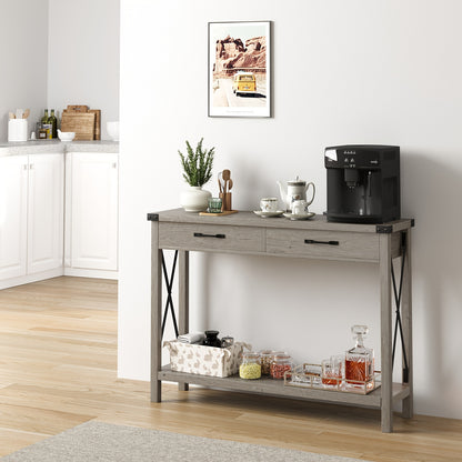 Farmhouse Sidetable – Wandtafel – Halmeubel – Sofa Tafel – Console Tafel – 2 Lades – Stevig MDF & Metalen Frame – Compact & Ruimtebesparend – Grijs