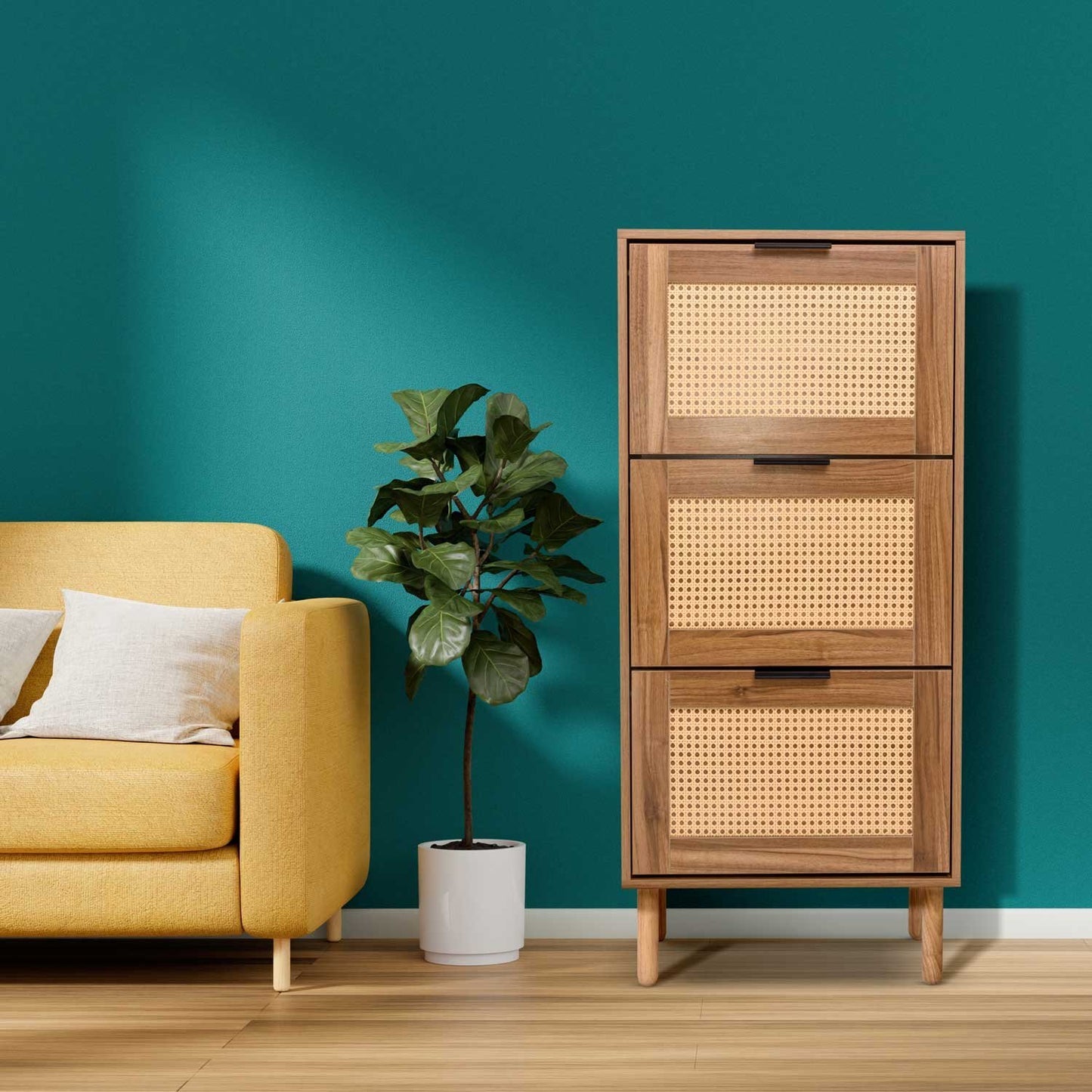 Schoenenkast – Schoenenrek – Schoenopberger – Schoenenmeubel – Schoenenhouder – 3-laags houten kast met rattan – Compact design 55x25x124 cm