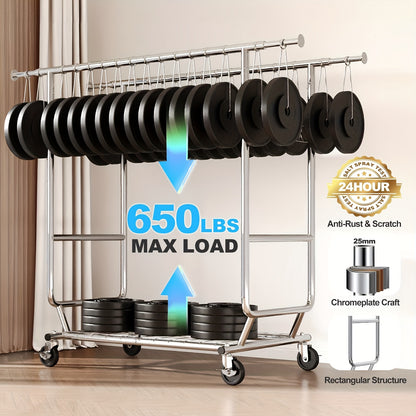 Heavy Duty Kledingrek – Kledinghanger – Kledinghouder – Kledingstandaard – Staand Rek – Verstelbaar Dubbel Stangontwerp – Max. 295 kg Draagkracht – Mobiel op Wielen – Zilverkleurig