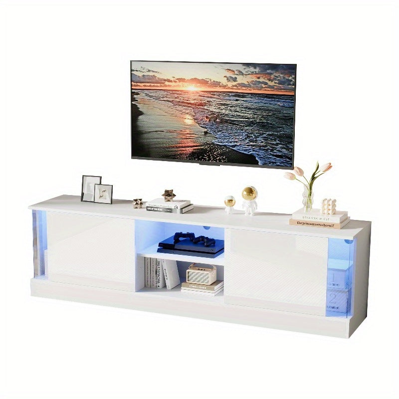Moderne Witte High-Gloss Tv-Meubel – Rustieke Tv-Stand – Tv-Meubel Met Opbergruimte – Tv-Kast Voor Woonkamer – Tv-Tafel Voor Slaapkamer – Duurzaam Metalen Frame – Kabelmanagement Systeem