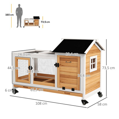 Konijnenren – Houten Ren – Konijnenkooi – Buitenren – Dierenhok – Geel – Met Wieltjes – Twee Afsluitbare Deuren – Uitneembare Zinklade – 108x58x73,5 cm