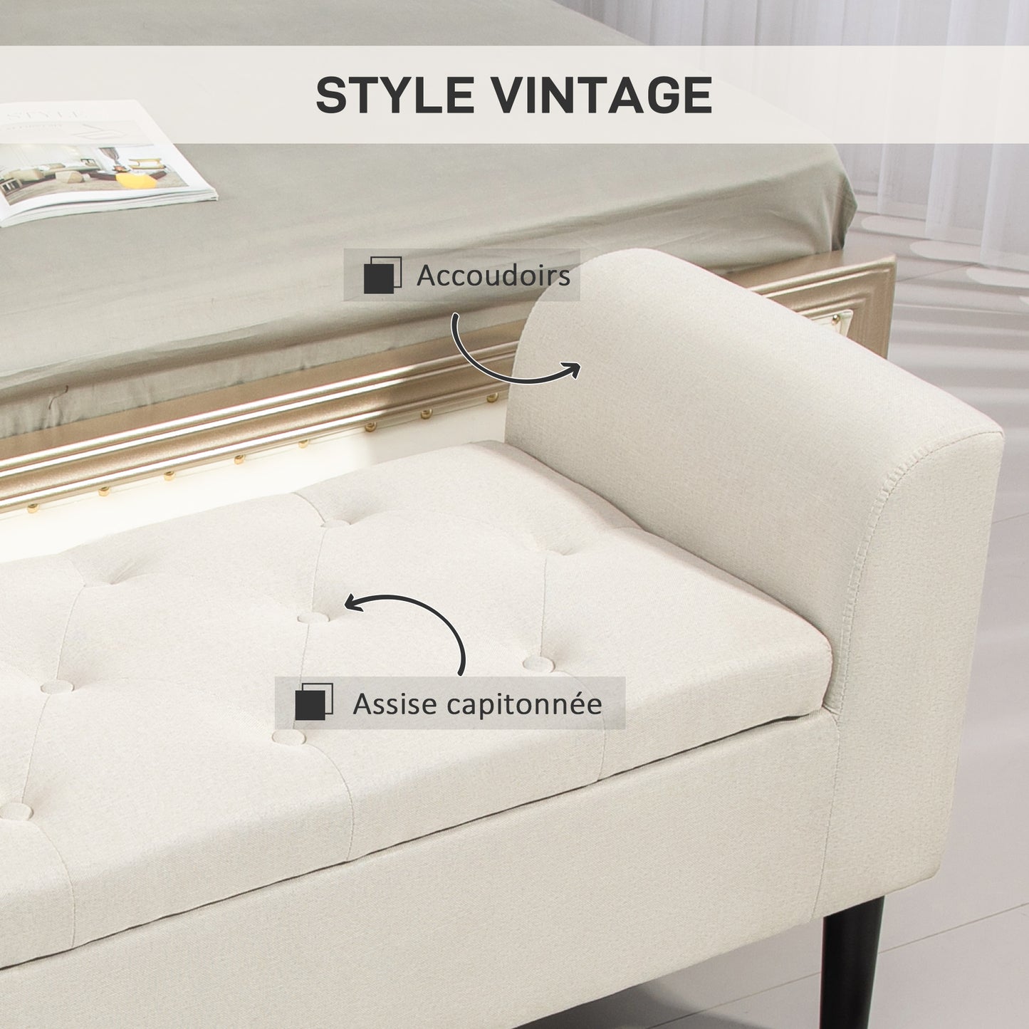 Opbergbank – Zetelbank – Slaapkamerbank – Woonkamerbank – Halbank – Beige Gestoffeerd – 130 Kg Draagkracht – 116 x 44 x 58 cm
