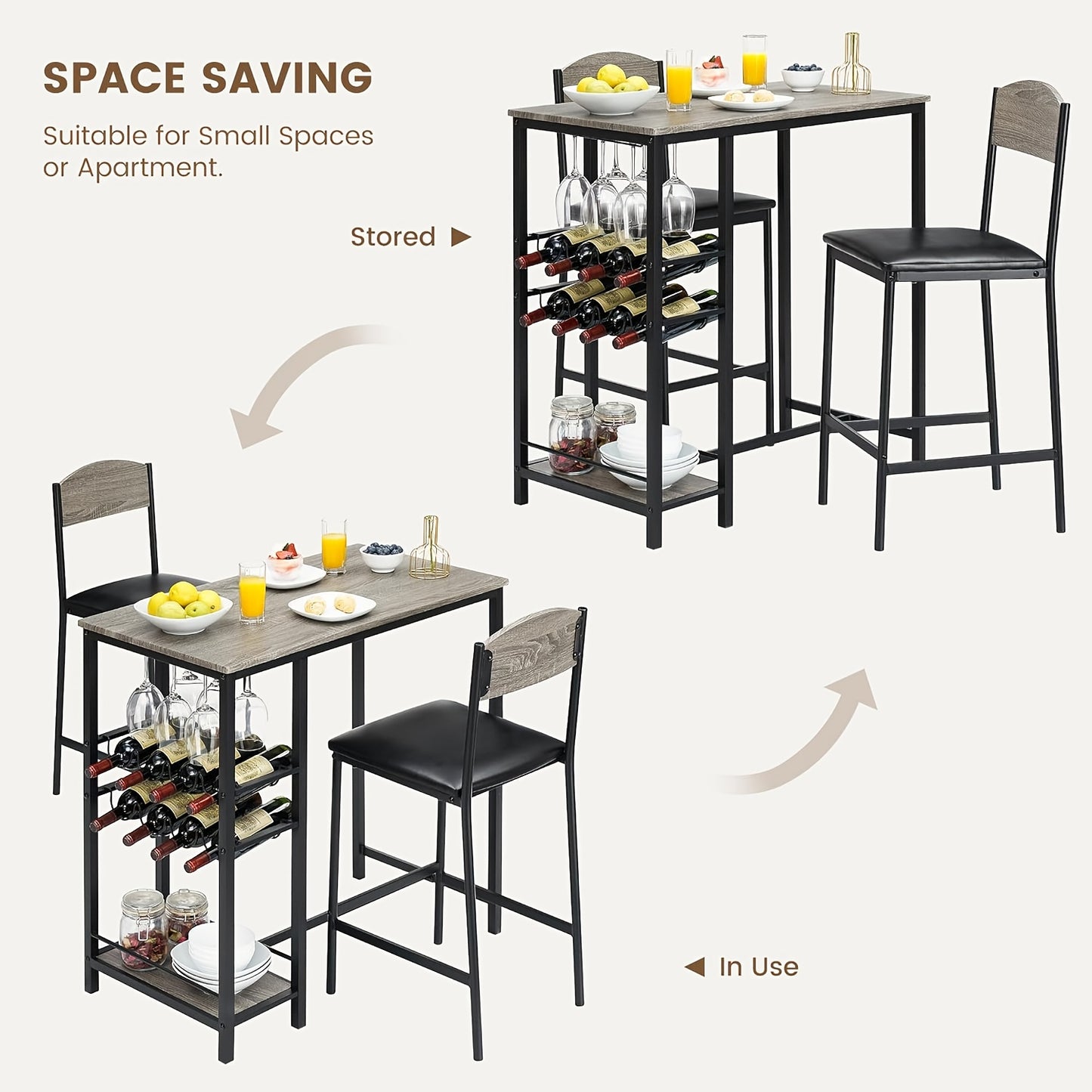 Barset – Bartafelset – Barmeubel – Barkrukset – Barstoelen – Grijs – Compact Design – Stevig Metaal En Hout