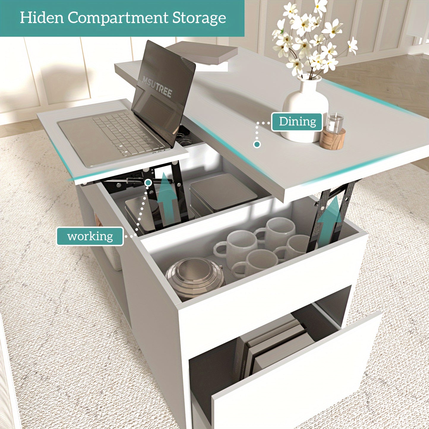 Salontafel – Koffietafel – Bijzettafel – Woonkamertafel – Tafel – Verstelbare Hoogte – Verhoogbaar Tafelblad Met Lades