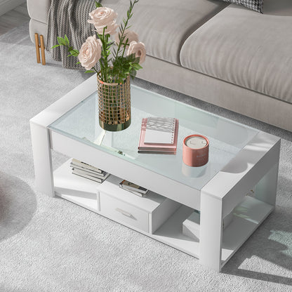 Salontafel – Woonkamertafel – Koffietafel – Tafel Met Opbergruimte – Sofa Tafel – Wit – Glazen Blad – Stevig Metalen Frame