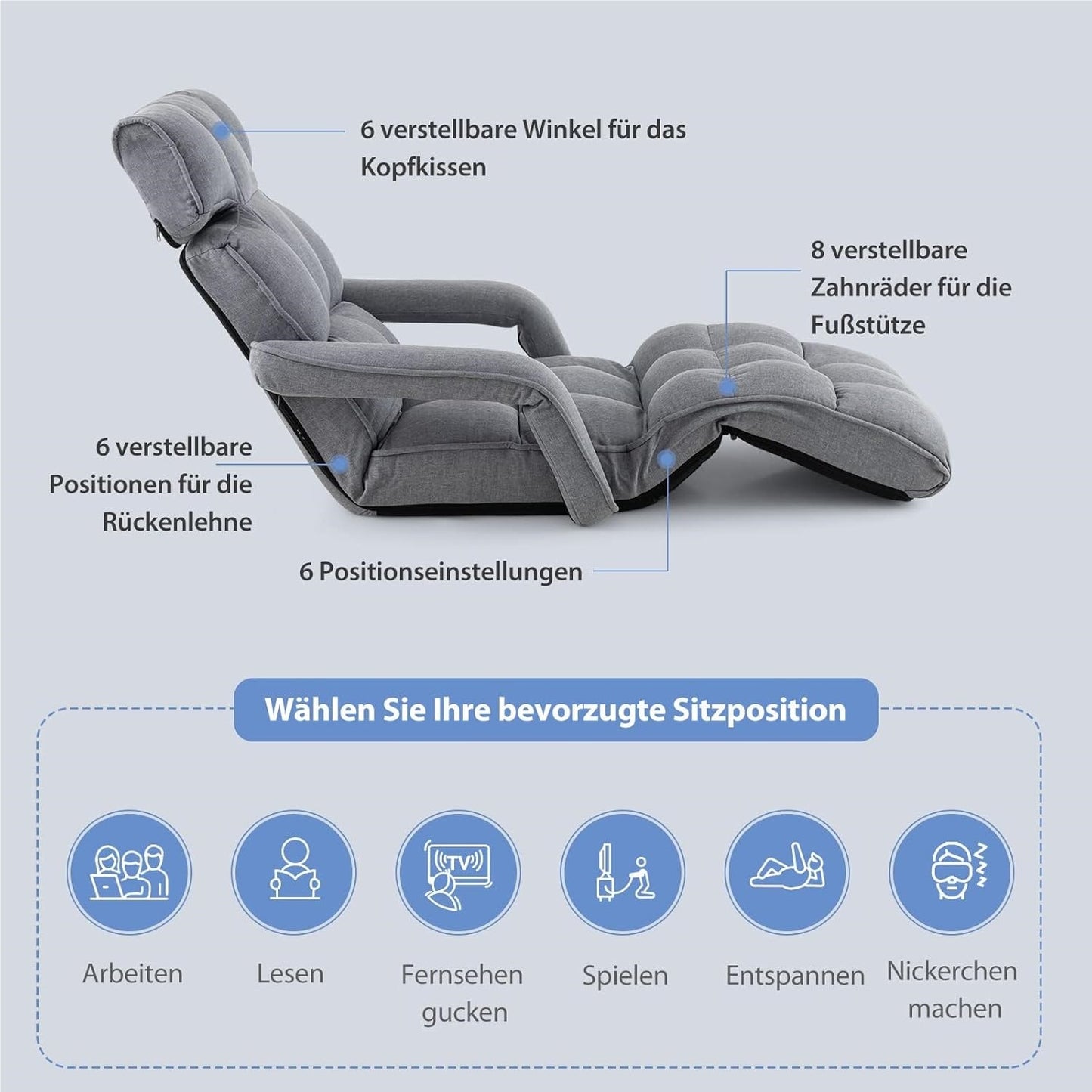 Relax Lounge Chair – Relaxstoel – Fauteuil – Ligstoel – Zitzak – Verstelbaar In 5 Posities – Linnen Bekleding – Inklapbaar – Ergonomisch Design – Max. 140 kg draagkracht – Grijs