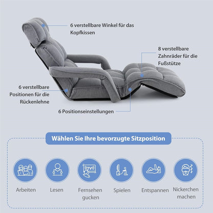 Relax Lounge Chair – Relaxstoel – Fauteuil – Ligstoel – Zitzak – Verstelbaar In 5 Posities – Linnen Bekleding – Inklapbaar – Ergonomisch Design – Max. 140 kg draagkracht – Grijs