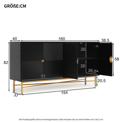 Extra Lange Kast – Dressoir – Sideboard – Opbergkast – Vitrinekast – 160 cm Breed – Zwart Spaanplaat – Vrijstaand Ontwerp – Gouden Handgrepen & Poten