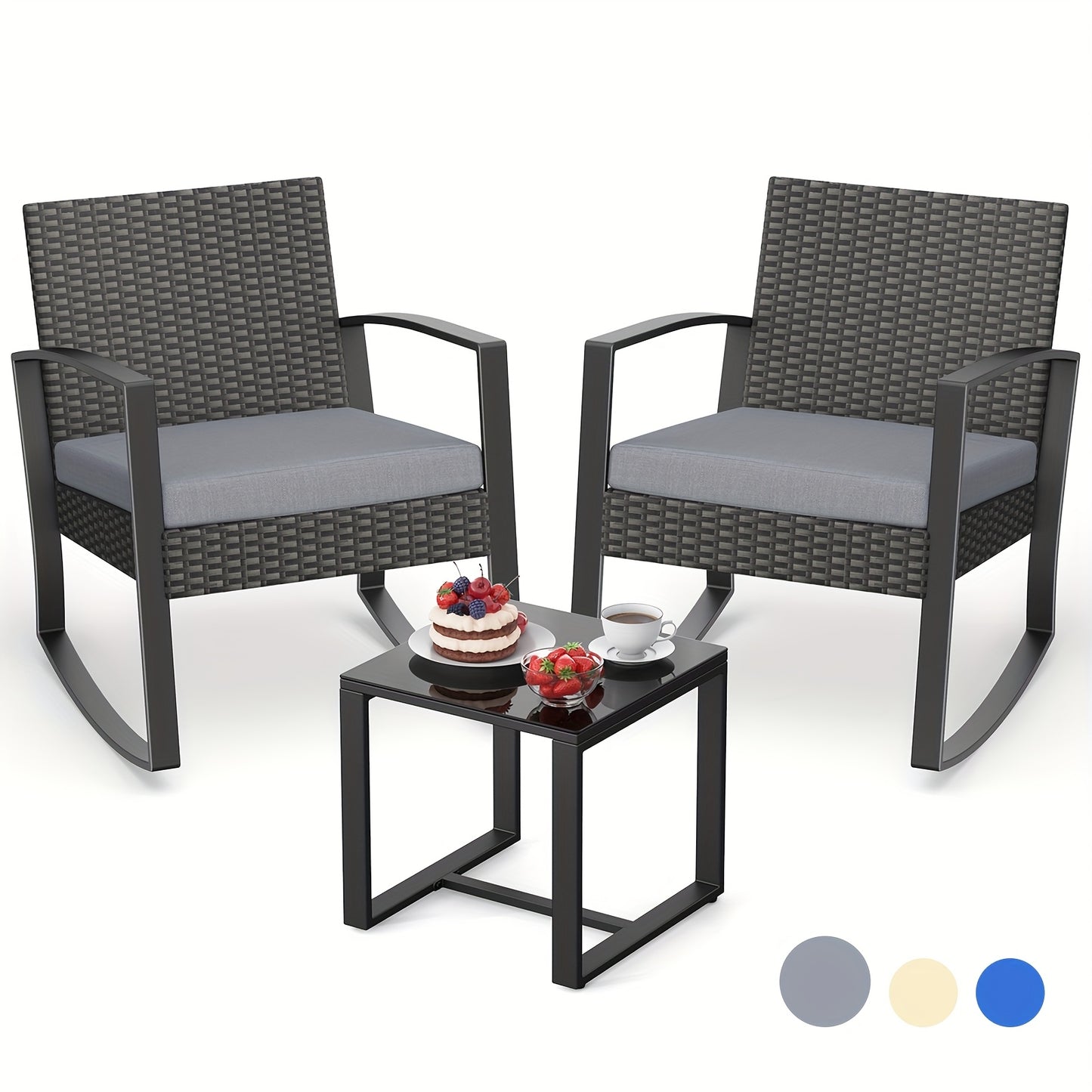 3-delige PE Rattan Tuinset – Lounge Set – Tuinmeubel – Buitenmeubel – Balkonmeubel – Weerbestendig Design – Met Gehard Glas Tafelblad – Grijs