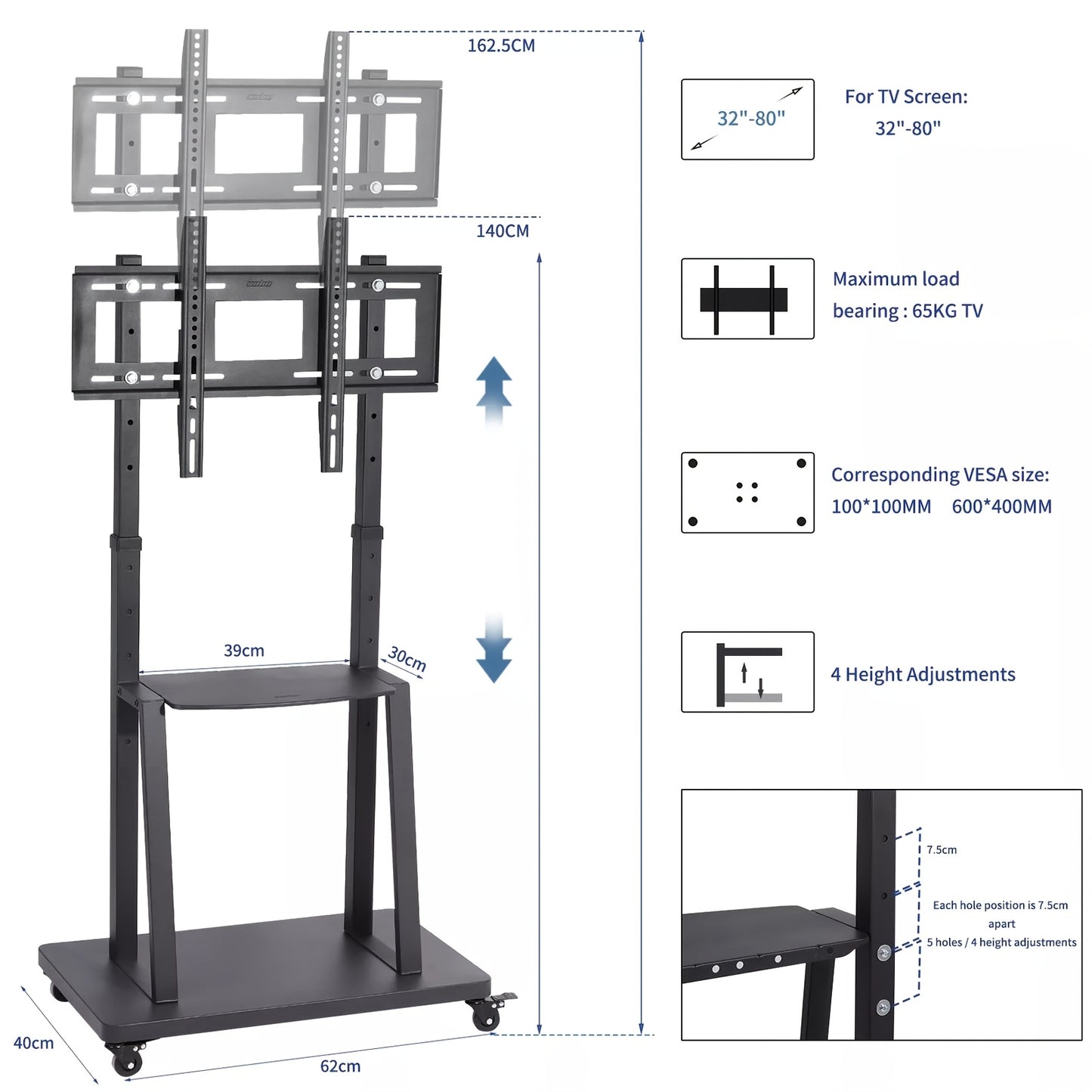 TV Standaard – TV Statief – Monitorstandaard – TV Voet – Mobiele TV Trolley – Verstelbaar – Metalen Frame – Geschikt 32-80 Inch – Max. 65 kg