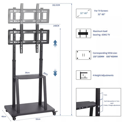 TV Standaard – TV Statief – Monitorstandaard – TV Voet – Mobiele TV Trolley – Verstelbaar – Metalen Frame – Geschikt 32-80 Inch – Max. 65 kg