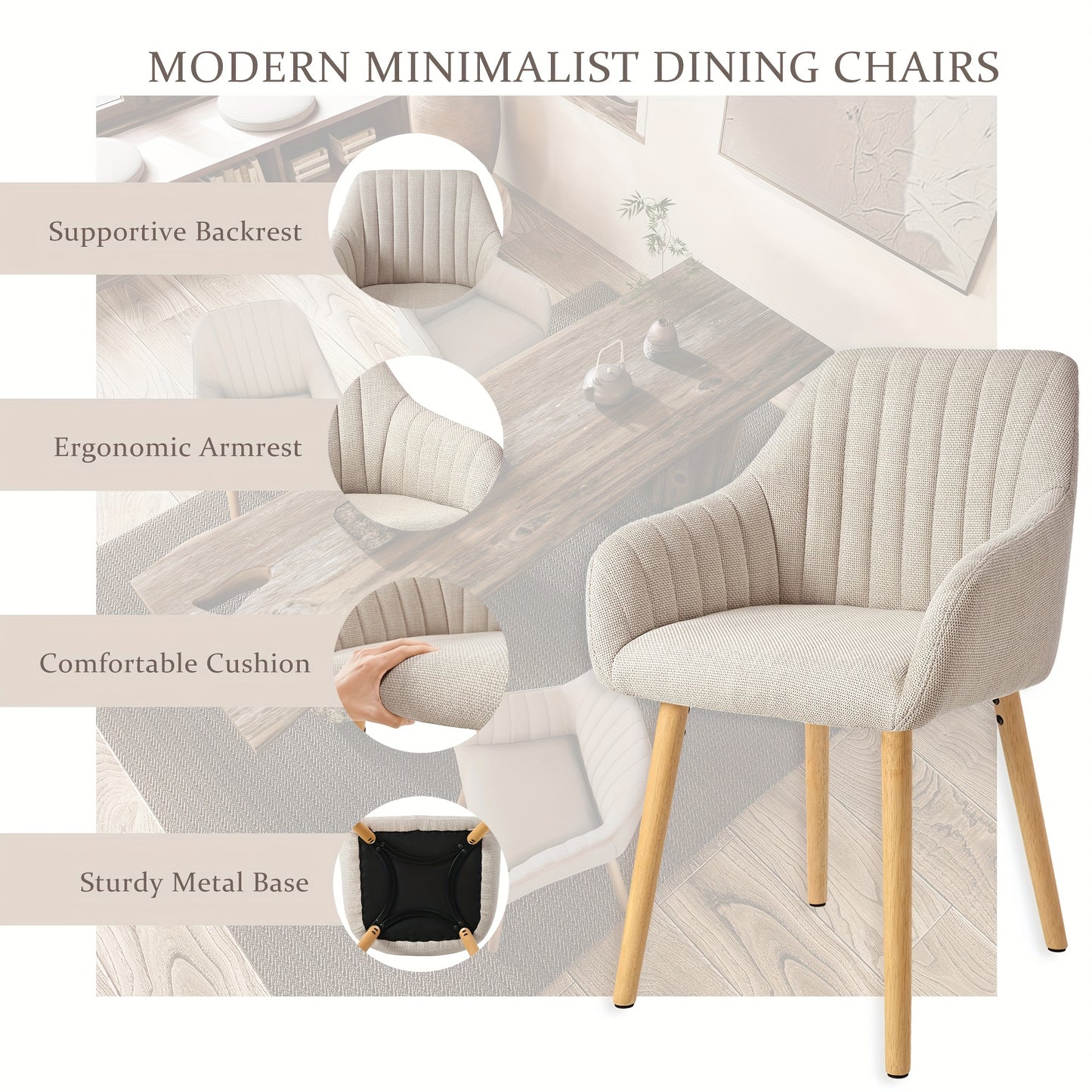 Set van 2/4/6 Minimalistische Eetkamerstoelen – Comfortabele Stoelen met Rugleuning, Armleuningen en Houten Poten – Grijs, Voor Eetkamer en Hal