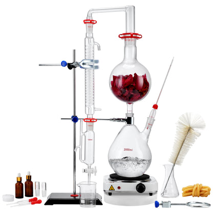 Essentiële Olie Distilleerketel – Destillatieset – Olie Extractieapparaat – Aroma Destillatie Kit – Borosilicaat Glas Set – 2000 ml Inhoud – 1000W Elektrische Verwarmingsplaat