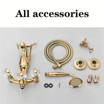 Gouden Badkraanset – Badkamerkraan – Mengkraan – Wandkraan – Douchekraan – Luxe Zwanen Design – Messing Met Kristallen Handvat – Inclusief Handdouche