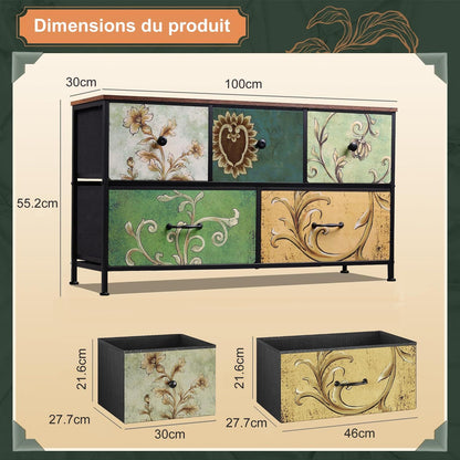 Commode – Ladekast – Dressoir – Kast – Opberger – Retro Patroon – 7 Stoffen Lades – Metaal Frame Met Houten Blad
