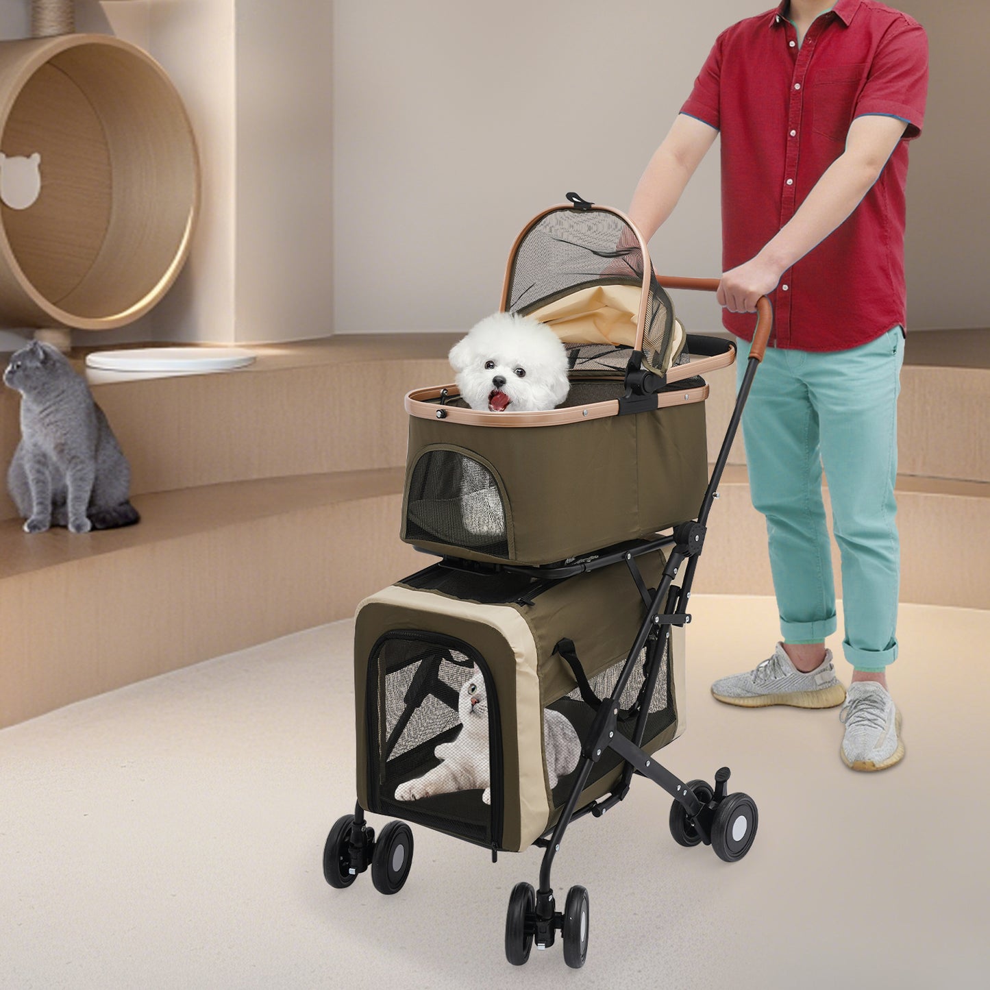 2-Tier Pet Stroller | Premium Materials, Breathable and Comfortable, Multifunctional Design, Easy to Store and Carry, Suitable for Cats and Dogs, NaMaSyo, Army Green