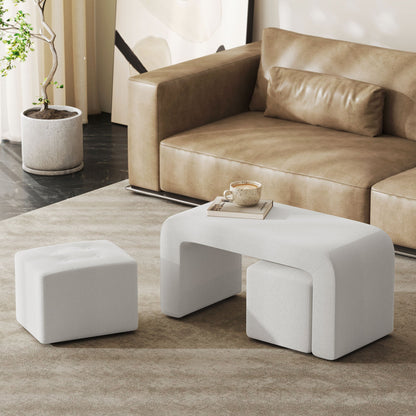 Poef Set – Ottoman – Voetenbankje – Zitelement – Bijzetpoef – Crème – 3-Delig – Button Tufted Design – 89x42,5x45 cm