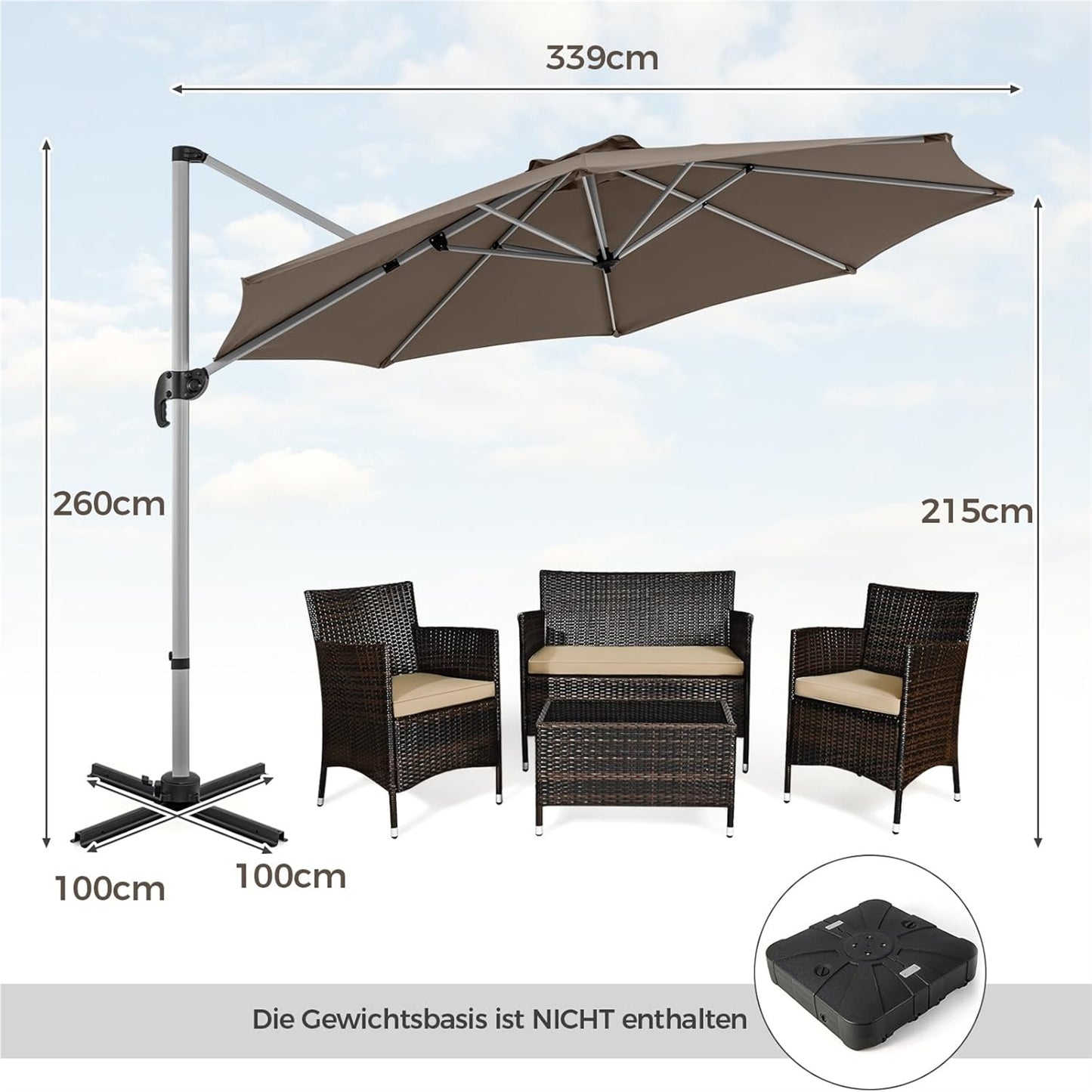 Zonnescherm – Parasol – Tuinparasol – Terrasparasol – Balkonparasol – Ø 330 cm – UPF 50+ – 360° Draaibaar met Kantelfunctie – Bruin