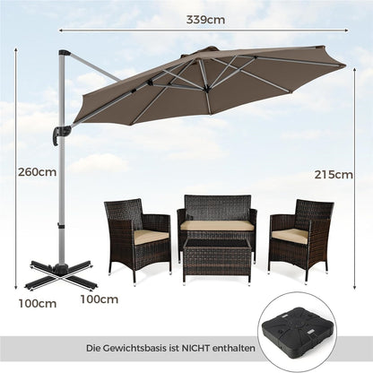 Zonnescherm – Parasol – Tuinparasol – Terrasparasol – Balkonparasol – Ø 330 cm – UPF 50+ – 360° Draaibaar met Kantelfunctie – Bruin