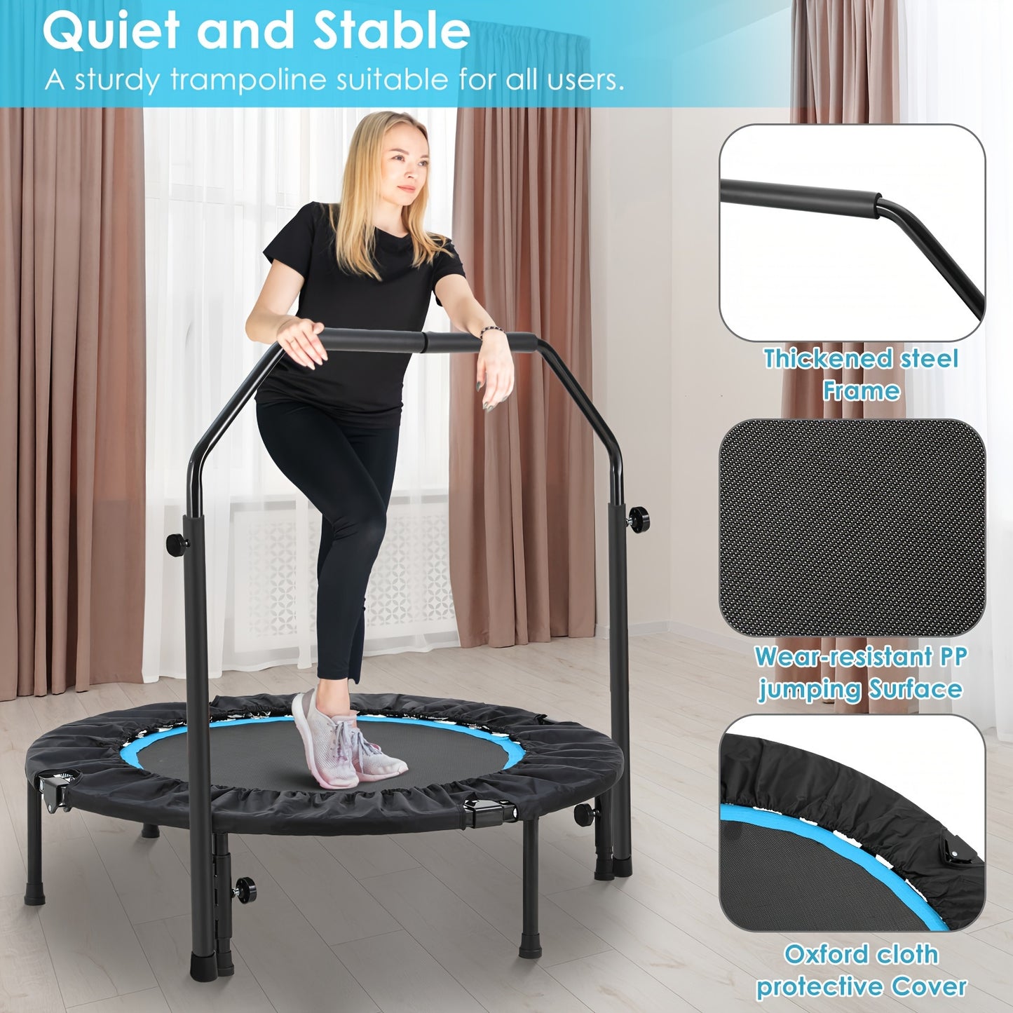 Indoor Trampoline – Fitness Trampoline – Springmat – Trainingsapparaat – Jumping Trampoline – Opvouwbaar – Diameter 101 cm – Verstelbare Handrail Hoogte – Belastbaar Tot 150 kg