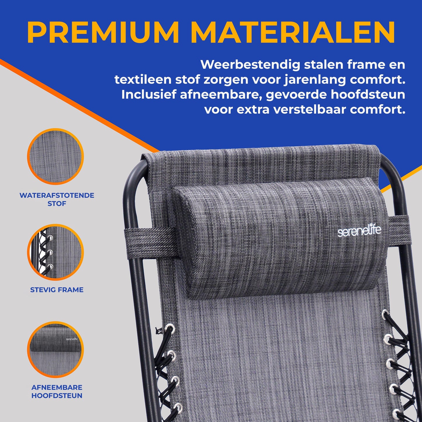 Loungestoel – Tuinstoel – Relaxstoel – Ligstoel – Fauteuil – Verstelbaar Zero Gravity – Weerbestendig Stalen Frame – Inclusief Afneembaar Tafeltje en Bekerhouders – Grijs