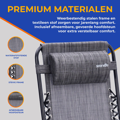Loungestoel – Tuinstoel – Relaxstoel – Ligstoel – Fauteuil – Verstelbaar Zero Gravity – Weerbestendig Stalen Frame – Inclusief Afneembaar Tafeltje en Bekerhouders – Grijs